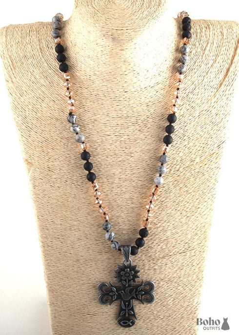 Boho Necklace, RH Precious Lava Stone, Cross and Bird